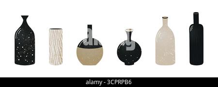Modern minimalist ceramic vases and bottles collection in neutral colors, contemporary home decor pottery set for interior design. Vector illustration Stock Vector