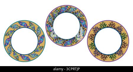 Set of round frames of rainbow tropical parrotfish, corals on a yellow background. Watercolor round frame template of coral fish for nautical-themed d Stock Photo