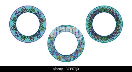 Set of round frames of rainbow tropical parrotfish, corals on a blue background. Watercolor round frame template of coral fish for nautical-themed des Stock Photo