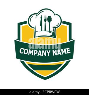 Restaurant logo design with chef hat, cutlery, and shield emblem Stock Vector