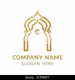 Golden archway or gateway logo design with Islamic architectural elements Stock Vector