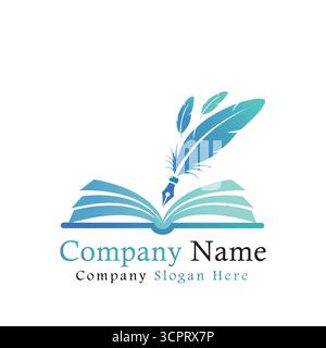 Open book logo design with quill pen and feathers, symbolizing writing and knowledge Stock Vector