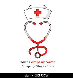 Nurse hat and stethoscope forming a heart shape, a symbol of care and compassion in healthcare services logo design Stock Vector