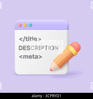 Creative 3D browser window with meta tags, title, and description elements, featuring a pencil for web development, SEO, and digital content design vector illustration Stock Vector
