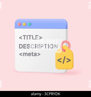 Web design concept showing 3D browser window with meta tags and description for SEO optimization, soft pink background perfect for digital marketing vector illustration Stock Vector