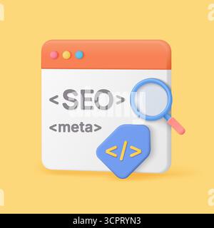 Modern 3D style browser window with SEO and meta tags, magnifying glass and code symbol, perfect for digital marketing, web development, and search optimization vector illustration Stock Vector