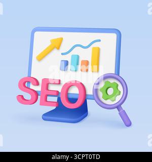 Colorful 3D SEO letters with magnifying glass and gear in front of a monitor showing upward graph, bar chart for digital marketing and website ranking vector illustration Stock Vector