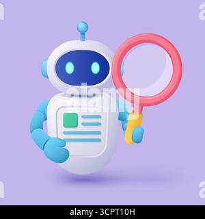 Cute 3d robot character with blue arms holding a pink magnifying glass on a purple background perfect for search technology artificial intelligence or chatbot concepts vector illustration Stock Vector