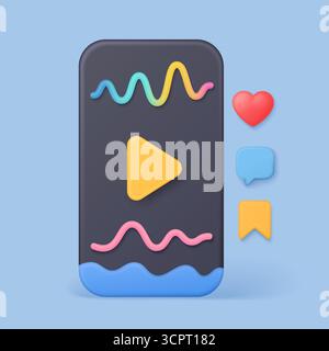 Colorful 3d play button with heart, chat, and bookmark icons representing social media video engagement on a blue background for digital marketing and content creators vector illustration Stock Vector