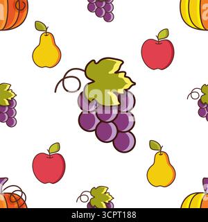 Minimalistic flat illustration with grapes, apples, and pears creating a bright, repeatable autumn harvest background. Great for packaging or web desi Stock Vector