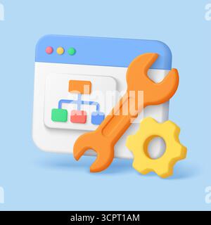 3d style browser window with sitemap diagram wrench and gear symbolizing technical seo optimization and website structure on isolated blue background vector illustration Stock Vector