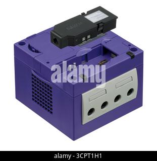 2001 back of Nintendo GameCube, a sixth generation video game console with broadband adapter Stock Photo