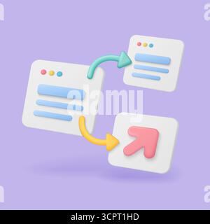 Colorful 3d sitemap concept showing website navigation flow with arrows and web page elements on a purple background perfect for web development and UX design vector illustration Stock Vector