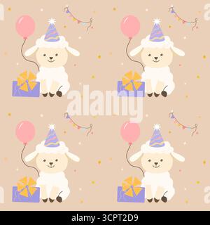 Adorable seamless festive vector pattern with a lamb in a party hat, balloon, gift box, bunting and confetti on soft pastel background. Stock Vector