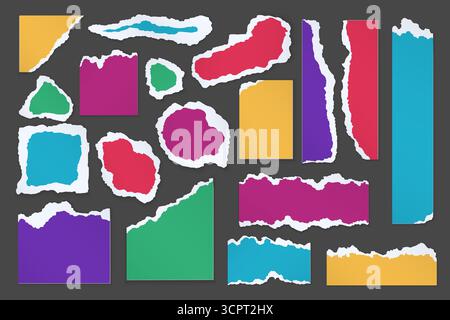 Torn paper pieces of different shapes and colors, blank frames with ripped rough white edges set. Red and purple notes, blue and green pages, yellow scrap of cardboard collection vector illustration Stock Vector