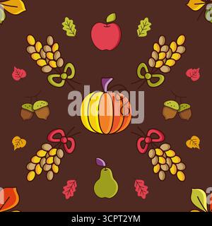 Radial arrangement of pumpkins, apples, and harvest elements on a rich brown background creates a warm, seamless vector pattern. Great for fabric or w Stock Vector