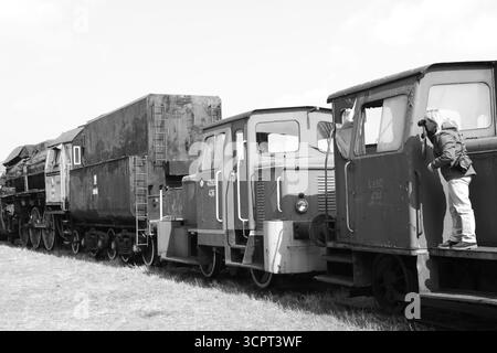 Vintage locomotives on display at the Open-Air Museum for Rolling Stock in Pyskowice, Silesia, Poland, April. A woman explores historic trains. Stock Photo