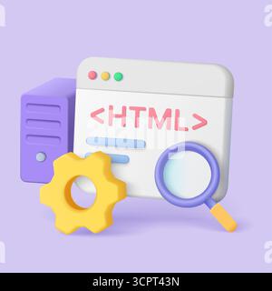 Modern 3d render showing HTML code, server, magnifying glass, and gear symbolizing technical SEO, website optimization, and search engine analysis vec Stock Vector
