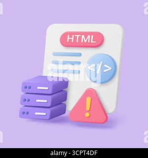 Modern 3d render showing HTML code, server stack, and warning symbol for technical SEO, website optimization, and error troubleshooting on isolated ba Stock Vector