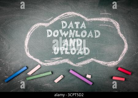 Data upload and download concept drawn on chalkboard in cloud shape. Stock Photo