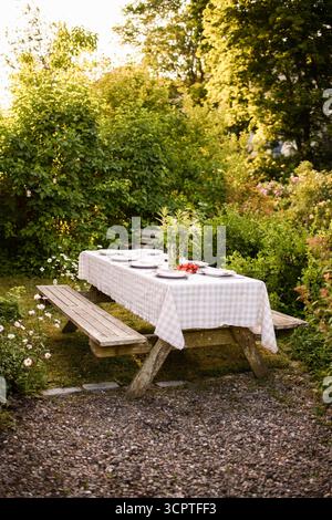 Tablecloth on dining table set for garden party Stock Photo