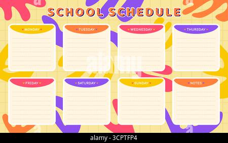 Bright school schedule template, cards for seven days and note space. Timetable for schoolchildren, trendy design in vivid colors, back to school week Stock Vector