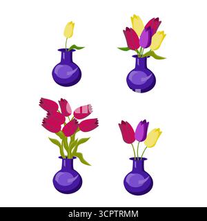 Set of bouquets with tulips in vases. Vector illustration isolated on white background. Stock Vector