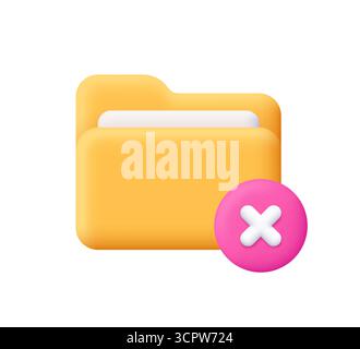 Yellow folder with cross, reject or cancel symbol. File management concept, delete folder, error, failure concept.. 3d vector icon. Cartoon minimal st Stock Vector