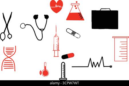 Handmade Medical Icons Vector Set Design for Health and Care Projects Stock Vector