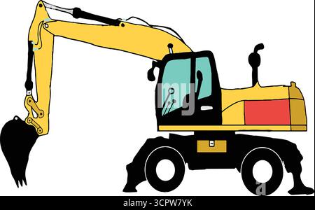 Handmade excavator side view construction vehicle vector mockup editable design Stock Vector