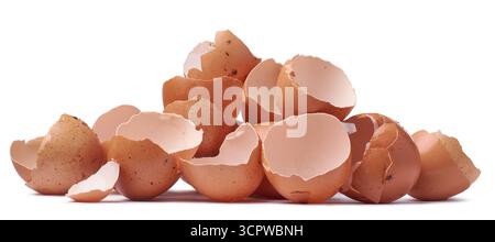 pile of cracked brown egg shells isolated white background, representing organic waste, recycling, or cooking ingredient, close-up side view Stock Photo