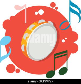 Yellow tambourine with colorful musical notes on red abstract background in bold flat vector style. Stock Vector