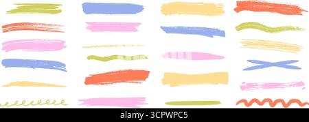 Colorful chalk underline and scribble strokes. Hand drawn crayon lines and marker highlights. Vector illustration Stock Vector