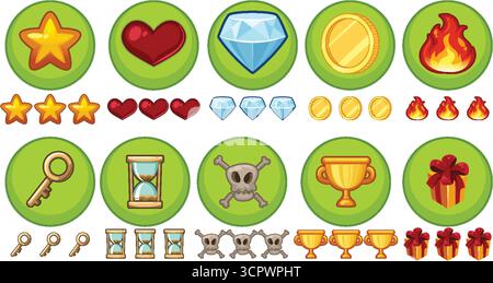 Vector illustration of game reward icons including stars, hearts, diamonds, coins, fire, and trophies Stock Vector