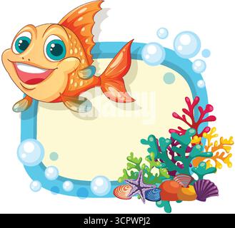 Cheerful orange fish and colorful coral frame in playful vector cartoon illustration style Stock Vector
