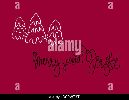 Merry Christmas greeting card. Hand lettering, snowy fir-trees Stock Vector