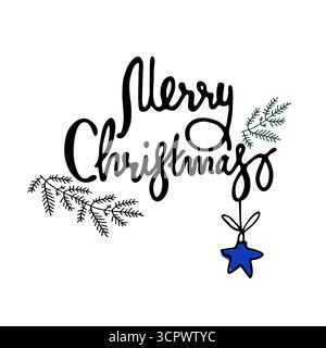Merry Christmas greeting hand lettering. Holiday black line logo. Greeting card template. Isolated on white background Stock Vector