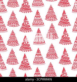 Seamless pattern with red ornamental Christmas trees on white background, for gift wrap Stock Vector