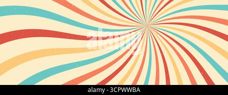 Retro swirl sunburst background, groovy spiral rays. Vintage abstract pattern with grunge texture. Funky wave art Stock Vector