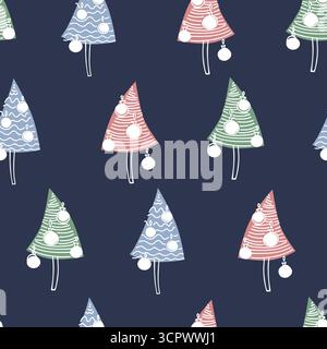 Seamless pattern on Christmas theme, with hand drawn Christmas trees on deep blue background, for gift wrap Stock Vector