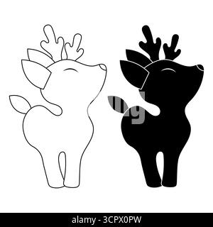 Cute Reindeer Silhouette. A cute reindeer depicted in two styles an outlined version and a solid black silhouette. Perfect for Christmas decorations. Stock Vector