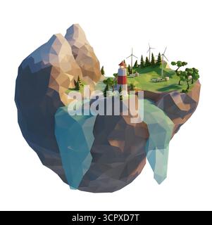 Generation clean energy in 3d low poly style. Floating island wind turbine. Mountain with river and trees. 3d render illustration. Stock Photo