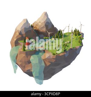 Generation clean energy concept. 3d low poly floating island. 3d render illustration. Isolated on white background. Stock Photo
