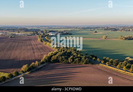 winding road lined with trees cuts through green and brown fields under soft morning light, showcasing a harmonious rural landscape from above Stock Photo