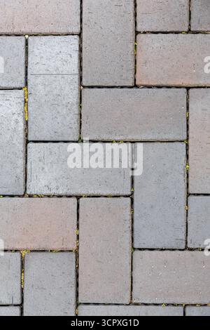 A close-up, top-down view of modern gray and black rectangular paving stones laid in a classic basket-weave or running bond pattern. Stock Photo