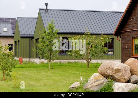 Contemporary, eco-friendly houses with green wood cladding, gray metal roofs, and a sunny lawn with small fruit trees in the foreground. Stock Photo