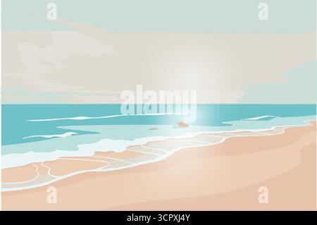 A tranquil minimalist flat design vector landscape of a pastel-colored beach and gentle ocean waves under a soft, gradient sky, perfect for a peaceful Stock Vector