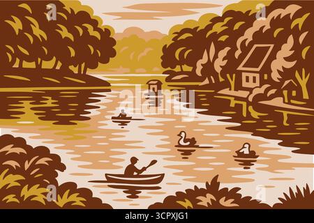 Stylized vector illustration of a serene lake surrounded by trees with small boats peacefully gliding across the calm water under a sunset sky,woodcut Stock Vector
