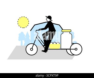 Farmer cyclist silhouette on cargo trike delivering a jar of milk and eggs to market, farm landscape at the background. Editable stroke and shapes. Stock Vector