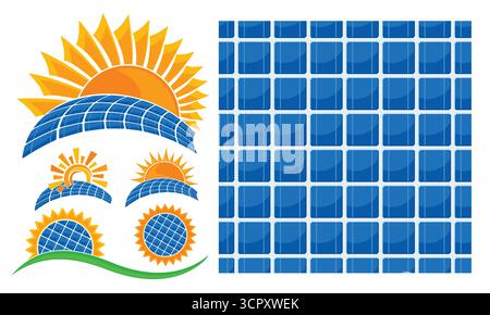 Set logos and seamless background with solar energy. Stock Vector